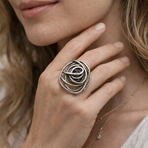 Turkish Zamak Silver Rose Ring Large Statement Adjustable Abstract Boho Jewelry